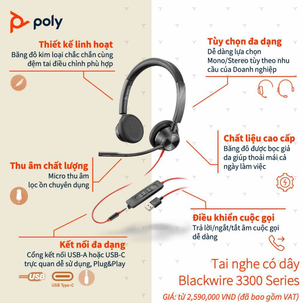 Tai nghe Poly-Plantronics Blackwire 3325, USB-A/USB-C