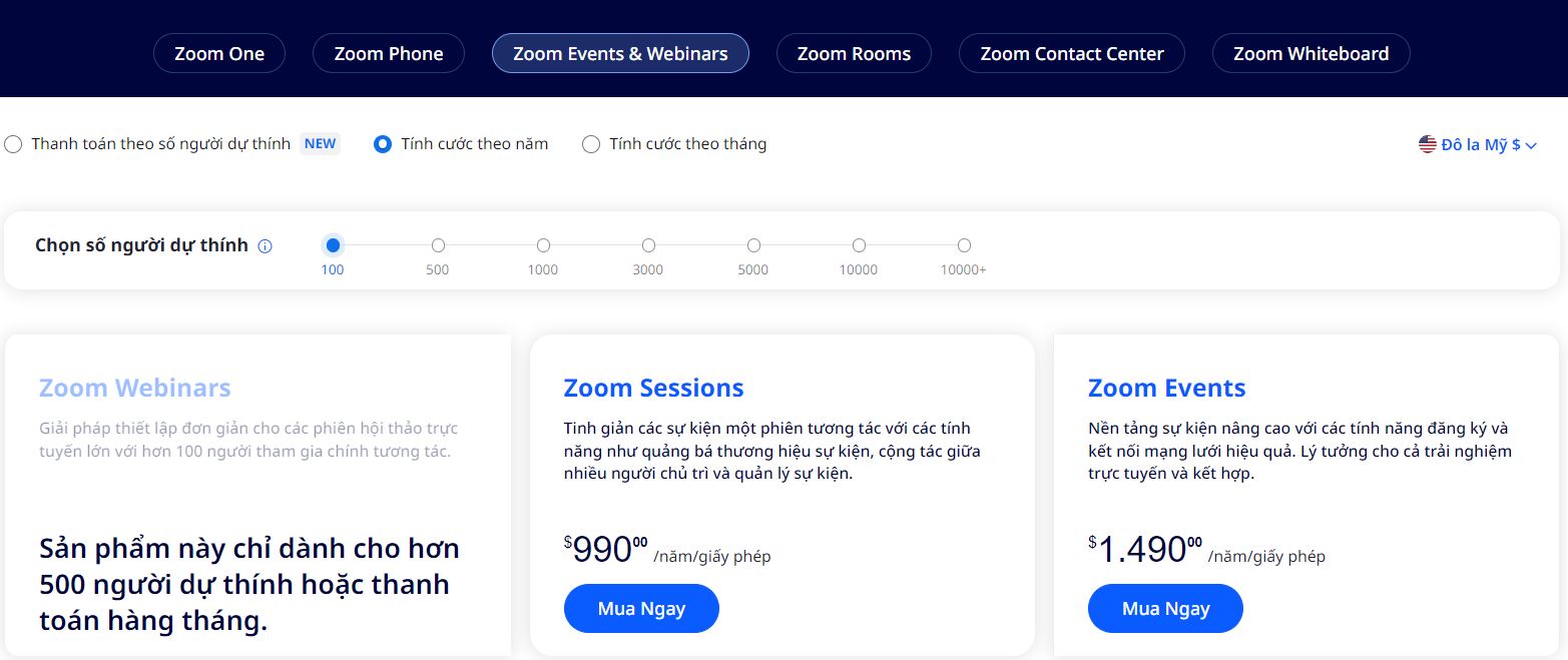 Bảng giá Zoom Event Webinar dưới 100 người
