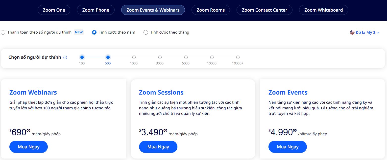 Bảng giá Zoom Event Webinar từ 500 người trở lên