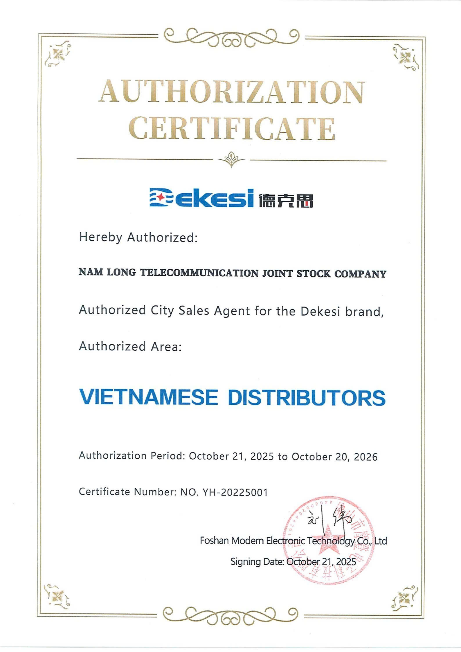 Nam Long Telecom ủy quyền hãng Dekesi tại Việt Nam