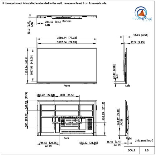 Kích thước & thiết kế màn hình tương tác Hikvision DS-NLT86RBCN 86 inch
