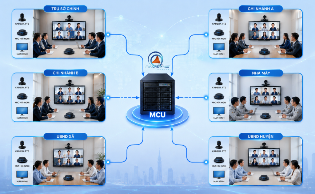 Mô hình kết nối giữa MCU và các điểm cầu trong hệ thống hội nghị truyền hình.