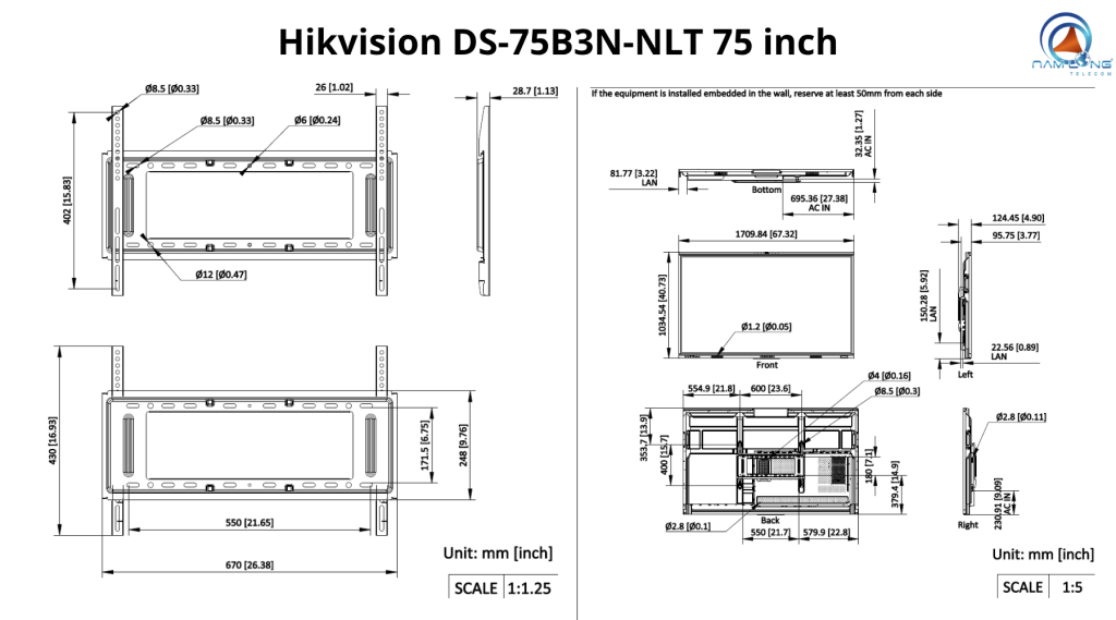 Dimension màn hình tương tác Hikvision DS-75B3N-NLT 75 inch